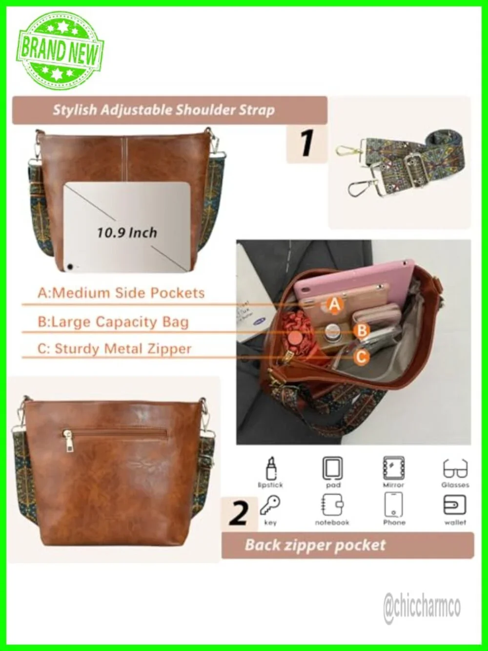 Vegan Leather Hobo Crossbody Bag Guitar Strap Shoulder Purse